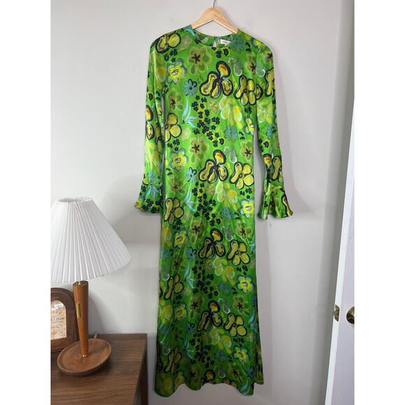 NEW Lingua Franca Floral Silk Long Sleeves Anja Maxi Dress Green Size: XS - Picture 2 of 7